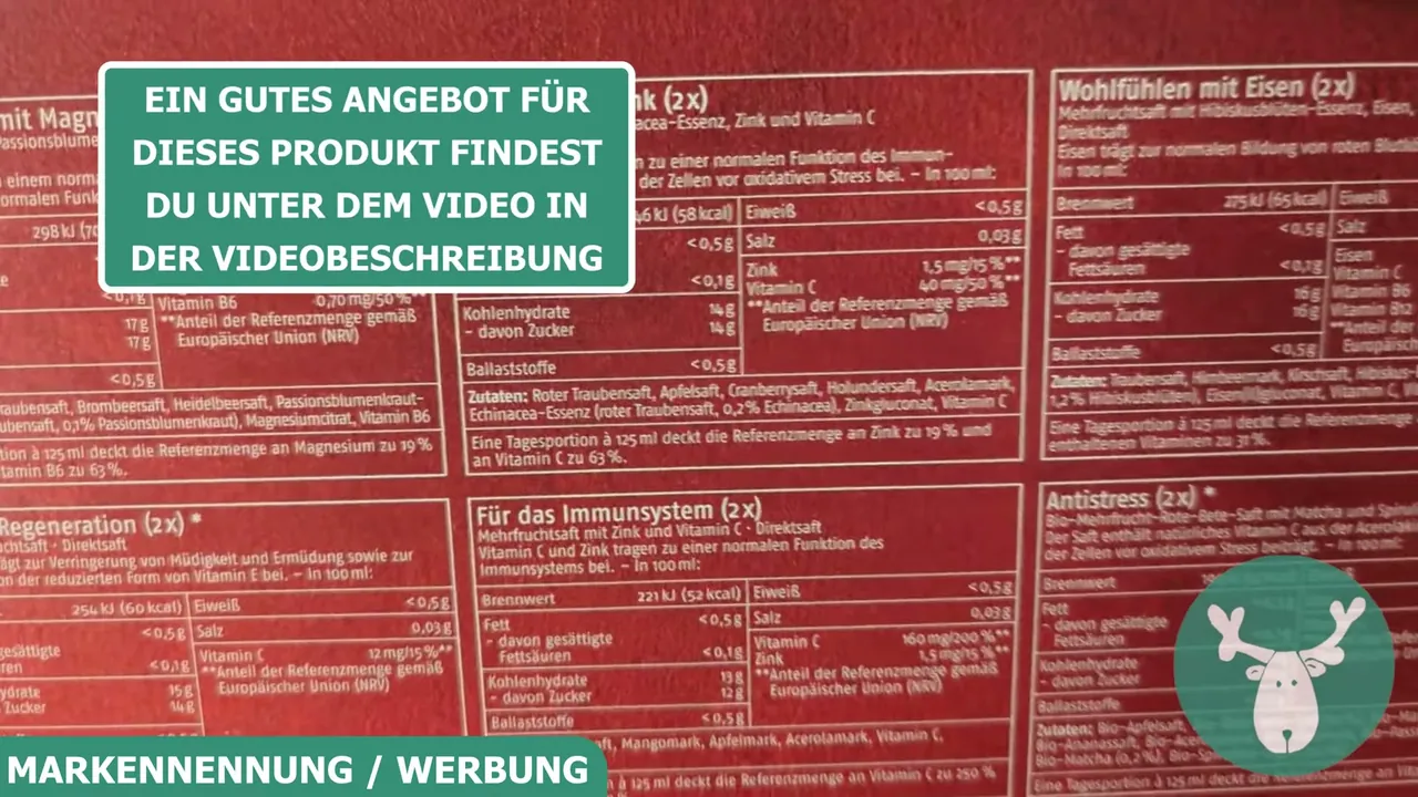 Auf der Rückseite sind alle enthaltenen Vitamine und Inhaltsstoffe zu den zehn verschiedenen Sorten übersichtlich aufgeführt.